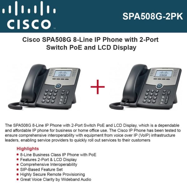 Cisco 8-Line IP Phone With 2-Port Switch PoE And LCD Display SPA508G